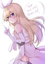 Rule 34 | 1girl, 9610 (kuroto), blonde hair, dated, dress, elbow gloves, from behind, gloves, grey eyes, hairband, highres, index finger raised, kantai collection, long hair, looking at viewer, looking back, official alternate costume, one-hour drawing challenge, shimakaze (kancolle), simple background, solo, thighhighs, twitter username, white background, white dress, white gloves, white hairband, white thighhighs