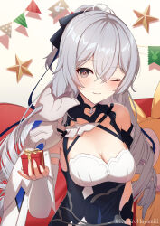 Rule 34 | 1girl, ;), aged up, bare shoulders, black gloves, box, breasts, bronya zaychik, bronya zaychik (silverwing: n-ex), christmas, christmas present, cleavage, couch, dress, drill hair, gift, gift box, gloves, grey eyes, grey hair, hair between eyes, hair ornament, highres, holding, holding gift, homu (honkai impact), honkai (series), honkai impact 3rd, kenjirohayamiti, large breasts, long hair, looking at viewer, one eye closed, skirt, sleeveless, sleeveless dress, smile, solo, thighhighs, white dress