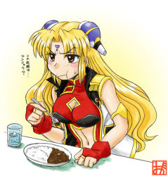 Rule 34 | 00s, 1girl, blonde hair, breasts, brown eyes, china dress, chinese clothes, cleavage cutout, clothing cutout, curry, dress, eating, female focus, food, galaxy angel, gradient background, long hair, military, military uniform, non-web source, ranpha franboise, rice, solo, translation request, uniform