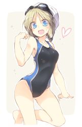 Rule 34 | 1girl, alice margatroid, back cutout, bad id, bad twitter id, blonde hair, blue eyes, breasts, clothing cutout, commentary request, competition swimsuit, eyebrows, goggles, goggles on head, hand up, heart, kneeling, looking at viewer, medium breasts, one-piece swimsuit, open mouth, satou kibi, simple background, sketch, smile, solo, swim cap, swimsuit, tan background, touhou, towel, towel on head, water drop, white background