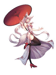 Rule 34 | 1girl, absurdly long hair, absurdres, animal ears, black thighhighs, blue eyes, blush, breasts, china dress, chinese clothes, chinese new year, cleavage, cleavage cutout, clothing cutout, dog ears, dog tail, dress, full body, high heels, highres, holding, holding umbrella, kimsw0522, large breasts, long hair, looking at viewer, oil-paper umbrella, open mouth, original, silver hair, simple background, smile, solo, tail, teeth, thighhighs, umbrella, very long hair, white background