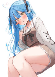 Rule 34 | 1girl, ahoge, black bow, black ribbon, blue hair, blush, bow, brown dress, commentary request, dress, dutch angle, elf, feet out of frame, hair between eyes, hair ribbon, hand up, heart, heart ahoge, highres, hololive, jacket, jewelry, knees together feet apart, long hair, long sleeves, looking at viewer, necklace, off shoulder, official alternate costume, open clothes, open jacket, parted lips, pointy ears, ribbon, shin no tenpii, simple background, sitting, solo, two side up, virtual youtuber, white background, white jacket, yellow eyes, yukihana lamy, yukihana lamy (casual)