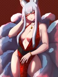 Rule 34 | 1girl, absurdres, alternate costume, animal ear fluff, animal ears, black choker, breasts, choker, cleavage, collarbone, commentary, dress, english commentary, fox ears, fox girl, fox tail, grey hair, half-closed eyes, hand on own head, highres, holykoshi, large breasts, multiple tails, nijisanji, nijisanji en, nina kosaka, pelvic curtain, plunging neckline, red dress, red eyes, red nails, sidelocks, smile, solo, tail, virtual youtuber