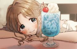 Rule 34 | 1girl, blurry, blush, brown hair, cherry, cream, depth of field, dress, flower, food, frilled dress, frills, fruit, glass, hair bun, hair flower, hair ornament, head rest, head tilt, highres, ice, ichikawa hinana, idolmaster, idolmaster shiny colors, juice, kurata no yume, light smile, looking at viewer, own hands together, parted bangs, short sleeves, single hair bun, soda, solo