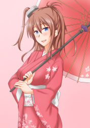 Rule 34 | 1girl, alternate costume, anti (untea9), breasts, brown hair, commentary request, cowboy shot, floral print, grey eyes, hair between eyes, highres, japanese clothes, kantai collection, kimono, large breasts, looking at viewer, oil-paper umbrella, pink background, ponytail, red kimono, red umbrella, saratoga (kancolle), side ponytail, sidelocks, smokestack, solo, umbrella