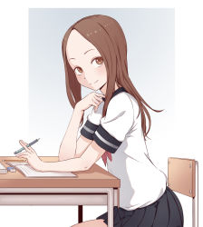 Rule 34 | 10s, 1girl, between fingers, black skirt, blush, book, brown eyes, brown hair, chair, cheshirrr, closed mouth, desk, eraser, forehead, from side, gradient background, grey background, holding, holding pen, karakai jouzu no takagi-san, long hair, looking at viewer, looking to the side, on chair, open book, parted bangs, pen, pencil, pleated skirt, school chair, school desk, short sleeves, sitting, skirt, smile, solo, takagi-san