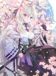 Rule 34 | 1girl, 2022, animal ears, black gloves, breasts, cherry blossoms, fur trim, gloves, hair ornament, happy new year, heterochromia, highres, japanese clothes, katana, long hair, medium breasts, new year, nozomi fuuten, original, outdoors, shirt, silver hair, sleeveless, sleeveless shirt, solo, standing, sword, tail, tiger ears, tiger tail, weapon