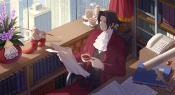Rule 34 | 1boy, ace attorney, ace attorney investigations, ascot, book, bookshelf, brown eyes, building, chair, city, closed eyes, commentary, cup, curtains, desk, desk lamp, english commentary, expressionless, flower, from above, highres, holding, holding cup, inkwell, jacket, ladder, lamp, long sleeves, male focus, miles edgeworth, open clothes, open jacket, pants, paper, phone, pink flower, quill, reading, red jacket, red pants, rising sun flag, sitting, solo, steel samurai, sunburst, sunlight, swimsuit, tea set, teacup, teapot, vase, white ascot, window, xing muhen