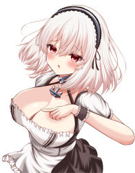 Rule 34 | 1girl, anchor choker, apron, azur lane, breasts, cleavage, commentary request, frilled hairband, frills, hairband, highres, large breasts, low neckline, maid, medium hair, open mouth, red eyes, scrunchie, sirius (azur lane), waist apron, wanko meria, white background, white hair, wrist scrunchie