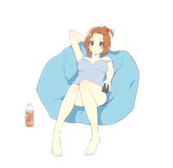 Rule 34 | 10s, 1girl, bad id, bad twitter id, bangs pinned back, bean bag chair, blue shirt, bottle, bow, brown eyes, brown hair, camisole, closed mouth, commentary, controller, ebi (eeemimn), girls und panzer, hair bow, hair up, holding, looking at viewer, lying, nishizumi miho, on back, polka dot, polka dot shirt, red bow, remote control, shirt, short hair, simple background, solo, strap slip, white background