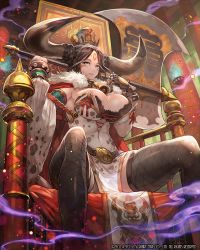 Rule 34 | 1girl, axe, battle axe, belt, bodypaint, breasts, brown hair, cleavage, dress, fur trim, hat, highres, horns, huge breasts, jewelry, lack, long hair, lost crusade, sitting, smile, solo, thighhighs, throne, weapon