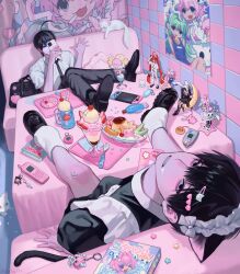 Rule 34 | 2boys, ahoge, animal ears, apron, bag, black eyes, black footwear, black hair, black necktie, black pants, blush, book, cat, cat ears, cat tail, cellphone, charm (object), cherry, collared shirt, colorful, cream, cream on face, crossdressing, figure, food, food on face, frilled apron, frills, from above, from behind, fruit, full body, gyuing666, hand up, head back, heart pin, highres, holding, holding phone, ice cream, indoors, leaning back, legs on table, looking at viewer, maid, maid apron, maid headdress, male focus, male maid, multiple boys, multiple hairpins, necktie, nintendo switch, original, pants, parfait, parted lips, phone, pink theme, poster (object), pudding, school bag, school uniform, shirt, short hair, short sleeves, smartphone, socks, sticker on leg, tail, white shirt, white socks