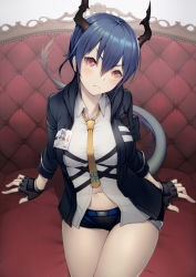 Rule 34 | 1girl, arknights, belt, black gloves, black shorts, blue hair, blush, breasts, ch&#039;en (arknights), closed mouth, collared shirt, commentary request, couch, fingerless gloves, gloves, grey shirt, head tilt, horns, id card, kyoeiki, large breasts, long sleeves, looking at viewer, navel, necktie, on couch, red eyes, shirt, short hair, short shorts, shorts, sitting, solo, tail, thighs, v-shaped eyebrows, wing collar, yellow necktie