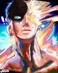 Rule 34 | !, !!, 1boy, agni (fire punch), artist name, black hair, blue eyes, burn scar, burning, fire punch, flaming eye, highres, looking at viewer, scar, short hair, solo, topless male, water7oo