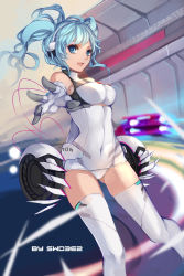 Rule 34 | 1girl, artist name, bad id, bad pixiv id, blue eyes, blue hair, covered navel, gloves, goodsmile company, goodsmile racing, hatsune miku, headphones, highres, leotard, long hair, matching hair/eyes, open mouth, outstretched arm, race queen, racing miku, racing miku (2014), solo, swd3e2, thighhighs, vocaloid