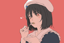 1girl beret black_hair blush eating fork hair_between_eyes hat holding holding_fork kakeami osanai_yuki red_background red_eyes short_hair shoushimin_series solo surprised white_hat