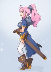 Rule 34 | 1girl, :d, ahoge, armor, blue dress, boots, breastplate, contrapposto, dress, from side, high heel boots, high heels, highres, long hair, open mouth, original, pauldrons, pink hair, ponytail, procreate (medium), profile, sheath, sheathed, shoulder armor, sideways mouth, smile, solo, standing, sword, thighhighs, vins-mousseux, weapon, white thighhighs