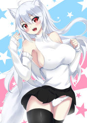 Rule 34 | 1girl, absurdres, ahoge, animal ear fluff, animal ears, breasts, catstudioinc (punepuni), covered erect nipples, detached sleeves, highres, large breasts, long hair, looking at viewer, open mouth, original, panties, red eyes, shirt, sideboob, sleeveless, sleeveless shirt, smile, solo, tail, thighhighs, underwear, white hair, wolf ears, wolf girl, wolf tail
