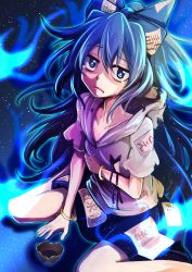 Rule 34 | 1girl, ashiroku (miracle hinacle), blue bow, blue eyes, blue hair, bow, bracelet, debt, hair bow, highres, hood, jewelry, long hair, looking at viewer, skirt, solo, touhou, yorigami shion
