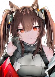 Rule 34 | 1girl, angelina (endfield) (arknights), animal ears, arknights, arknights: endfield, brown hair, diamond-shaped pupils, diamond (shape), fox ears, fox girl, fox tail, gloves, grey gloves, grey shirt, hair ornament, hamaguri-san (hamagur69200744), hand up, highres, long hair, looking at viewer, official alternate costume, orange eyes, shirt, simple background, sleeveless, sleeveless shirt, smile, solo, symbol-shaped pupils, tail, twintails, upper body, white background