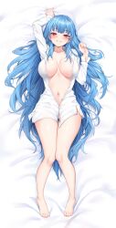 Rule 34 | 1girl, absurdres, arm up, barefoot, bed sheet, blue hair, blush, bottomless, breasts, breasts apart, collared shirt, commentary, commission, dakimakura (medium), deogho (liujinzy9854), dress shirt, english commentary, feet, full body, gluteal fold, grin, highres, large breasts, long hair, long sleeves, looking at viewer, lying, navel, on back, open clothes, open shirt, original, red eyes, shirt, sidelocks, smile, solo, thighs, toes, very long hair, white shirt