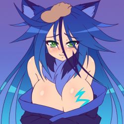 Rule 34 | 1girl, animal ears, animated, animated gif, bare shoulders, blue electricity, blue hair, blush, body markings, breast tattoo, breasts, cleavage, colored eyelashes, disembodied limb, electricity, elemental (creature), energy, fang, glowing, glowing tattoo, green eyes, happy, headpat, heart, japanese clothes, kimono, large breasts, long hair, male hand, mazume, monster girl, monster girl encyclopedia, monster girl encyclopedia ii, open mouth, raiju (monster girl encyclopedia), simple background, slit pupils, smile, solo focus, tattoo, ugoira, upper body, white background, white electricity, wince