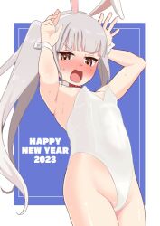 Rule 34 | 1girl, alternate costume, animal ears, areola slip, armpits, bare legs, blunt bangs, blush, bow, bowtie, breasts, brown eyes, chinese zodiac, commentary request, cowboy shot, detached collar, embarrassed, fake animal ears, groin, happy new year, highres, kantai collection, kasumi (kancolle), leotard, long hair, looking at viewer, new year, nose blush, open mouth, playboy bunny, rabbit ears, rabbit pose, red bow, red bowtie, small breasts, solo, standing, strapless, strapless leotard, sun fle, v-shaped eyebrows, wrist cuffs, year of the rabbit