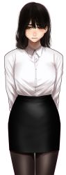 Rule 34 | 1girl, arms behind back, black hair, black pantyhose, blush, breasts, frown, grey eyes, highres, hoshi san 3, long hair, looking at viewer, mole, mole on cheek, mole under eye, office lady, original, pantyhose, pencil skirt, simple background, skirt, solo, white background