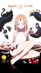 Rule 34 | 1girl, abigail williams (fate), abigail williams (fate) (cosplay), abigail williams (swimsuit foreigner) (fate), abigail williams (swimsuit foreigner) (second ascension) (fate), apple, bad id, bad pixiv id, bare shoulders, barefoot, black bow, blonde hair, blue eyes, bow, breasts, character name, cosplay, dated, dress swimsuit, expo2025, fate/grand order, fate (series), feet, food, forehead, fruit, golden apple, highres, long hair, multiple bows, myaku-myaku, one-piece swimsuit, orange bow, parted bangs, plate, polka dot, polka dot bow, saucer, sidelocks, small breasts, strawberry, swimsuit, toes, very long hair, white background, white one-piece swimsuit, zvsixdz