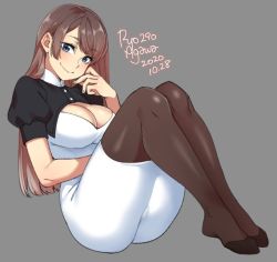 Rule 34 | 1girl, 2020, agawa ryou, artist name, blue eyes, breasts, brown hair, brown pantyhose, cleavage, commentary, dated, dress, grey background, large breasts, long hair, looking at viewer, original, pantyhose, signature, simple background, sitting, smile, solo, thighs, white dress