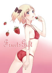 Rule 34 | 1girl, :o, absurdres, arched back, arm at side, ass, bare shoulders, bikini, black bow, blonde hair, blue eyes, blush, bow, breasts, collarbone, cover, cover page, cowboy shot, eating, english text, face, food, from side, fruit, gradient background, gradient hair, hair bow, halterneck, hand up, highres, holding, holding food, holding fruit, kishida mel, legs apart, looking at viewer, multicolored hair, one side up, open mouth, original, pink background, red bikini, short hair, sideboob, small breasts, solo, standing, strawberry, string bikini, swimsuit, white background