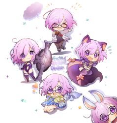 Rule 34 | absurdres, animal ears, armor, bag, bakkanda, bodysuit, closed eyes, fake animal ears, fake tail, fate/grand order, fate (series), fou (fate), glasses, handbag, highres, holding, holding shield, holding weapon, hood, hoodie, mash kyrielight, mash kyrielight (dangerous beast), mash kyrielight (senpai killer outfit), official alternate costume, open mouth, purple eyes, purple hair, purple legwear, ribbon, shield, simple background, skirt, smile, tail, thighhighs, weapon, white background