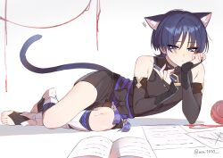 1boy animal_ear_fluff animal_ears armor black_hair blue_eyes blue_hair bow cat_boy cat_ears cat_tail closed_mouth commentary elbow_rest genshin_impact highres japanese_armor japanese_clothes kemonomimi_mode kote kurokote lying male_focus on_side paper scaramouche_(genshin_impact) simple_background solo symbol-only_commentary tail tassel toeless_footwear twitter_username wai1010 wanderer_(genshin_impact) yarn yarn_ball