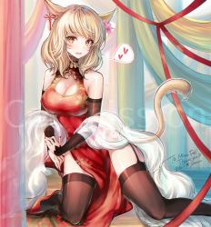 Rule 34 | 1girl, animal ears, warrior of light (ff14), black thighhighs, blonde hair, blush, breasts, cat ears, cat tail, china dress, chinese clothes, cleavage, commission, dated, detached sleeves, dress, earrings, facial mark, fang, final fantasy, final fantasy xiv, flower, garter straps, hair flower, hair ornament, heart, highres, jewelry, kneeling, large breasts, looking at viewer, medium hair, mii@chiffonx, miqo&#039;te, open mouth, orange eyes, side slit, signature, slit pupils, solo, speech bubble, spoken heart, tail, thighhighs