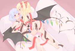 Rule 34 | arm support, ass, bat wings, blonde hair, blue hair, chocolate, couch, crystal, flandre scarlet, hair ribbon, incest, lying, naked ribbon, pointy ears, red eyes, remilia scarlet, ribbon, sakurea, siblings, side ponytail, sisters, touhou, white chocolate, wings, yuri