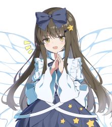 Rule 34 | 1girl, blue bow, blue dress, blush, bow, brown eyes, brown hair, chinese commentary, dress, fairy, fairy wings, hair bow, highres, long hair, long sleeves, maidcode1023, open mouth, simple background, smile, solo, star sapphire, touhou, upper body, white background, wide sleeves, wings