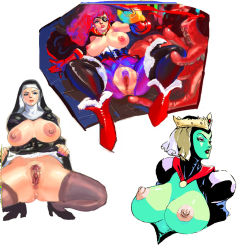 Rule 34 | anus, breasts, censored, character request, colored skin, green skin, large areolae, large breasts, nipples, nun, plump, pubic hair, pussy, simple background, thighhighs, ukatsu juuzou