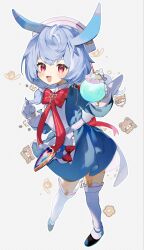 Rule 34 | 1girl, animal ears, apron, blue dress, blue hair, dress, genshin impact, hair ornament, hat, highres, long sleeves, low twintails, nitenmanten0, open mouth, pom pom (clothes), pom pom hair ornament, red ribbon, ribbon, sigewinne (genshin impact), solo, twintails