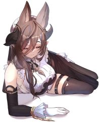 Rule 34 | 1girl, animal ear fluff, animal ears, blue hair, breasts, brown hair, closed eyes, commentary, detached sleeves, english commentary, frills, galleon (granblue fantasy), gloves, granblue fantasy, hair between eyes, highres, horns, large breasts, lying, multicolored hair, skindentation, solo, streaked hair, symbol-only commentary, thigh strap, thighhighs, thousa 01, white gloves, wrist cuffs