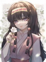 Rule 34 | 1girl, alluka zoldyck, artist name, black hair, blunt bangs, cyloiss, facing viewer, flower, grey eyes, headband, highres, hunter x hunter, japanese clothes, light smile, long hair, long sleeves, looking at viewer, parted lips, pink shirt, rose, shirt, sidelocks, smile, solo, twitter username, white background, white flower, white rose