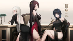 Rule 34 | 2023, 3girls, alcohol, alternate costume, antique phone, aqua eyes, ass, back, backless dress, backless outfit, bare legs, bare shoulders, beidou (genshin impact), black dress, black gloves, black hair, blue hair, bracelet, breasts, chair, chinese zodiac, cleavage, cleavage cutout, closed mouth, clothing cutout, corded phone, crossed legs, cup, desk lamp, dress, drinking glass, earrings, elbow gloves, genshin impact, gloves, heitian keji, highres, holding, holding cup, jewelry, lamp, large breasts, leaning forward, long hair, long sleeves, looking at viewer, looking back, multicolored hair, multiple girls, ningguang (genshin impact), phone, red dress, red eyes, rotary phone, short hair, simple background, sitting, standing, streaked hair, thigh strap, thighlet, two-tone hair, very long hair, white background, white hair, wine, wine glass, year of the rabbit, yelan (genshin impact)