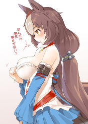 Rule 34 | 1girl, animal ears, bare shoulders, blush, breasts, brown hair, cleavage, detached sleeves, from side, horse ears, horse girl, large breasts, long hair, looking down, low twintails, multicolored hair, naik, simple background, solo, twintails, two-tone hair, umamusume, white background, white hair, yamanin zephyr (umamusume), yellow eyes