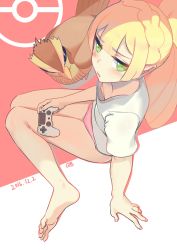 Rule 34 | 1girl, 2016, absurdres, arm support, artist name, bare legs, barefoot, blonde hair, blunt bangs, blush, braid, controller, creatures (company), dated, downblouse, dualshock, feet, flat chest, french braid, from above, game controller, game freak, gamepad, gen 1 pokemon, green eyes, high ponytail, highres, lillie (pokemon), long hair, looking at viewer, nail polish, nintendo, nipple slip, nipples, no bra, panties, pidgey, pink nails, pink panties, playstation controller, pokemon, pokemon (creature), pokemon sm, qb, shirt, short sleeves, sitting, solo focus, underwear, white shirt
