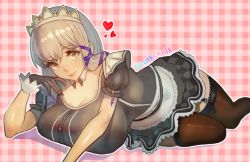 Rule 34 | breasts, brown eyes, brown thighhighs, clair lasbard, colk, gloves, heart, large breasts, long hair, lying, maid, maid headdress, on side, parted lips, skindentation, skirt, smile, solo, star ocean, star ocean anamnesis, thighhighs, twisted torso, twitter username, white hair