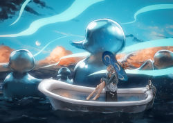 Rule 34 | 0x3, 1girl, absurdres, afloat, barefoot, bathtub, bloomers, blue hat, blue nails, blue shirt, boat, closed eyes, cloud, commentary, coral, from side, hair ornament, hat, hat ornament, highres, jewelry, long sleeves, moon, nail polish, original, pointy ears, rubber duck, shirt, sitting, sky, slipper bathtub, solo, underwear, water, watercraft, waves, witch, witch hat