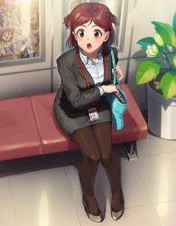 Rule 34 | 1girl, aoba misaki, bag, black pantyhose, blurry, brown eyes, brown hair, carrying, commentary, dress shirt, formal, frown, grey footwear, grey jacket, grey skirt, handbag, high heels, idolmaster, idolmaster million live!, indoors, jacket, kamille (vcx68), lanyard, long sleeves, looking at viewer, miniskirt, office lady, open mouth, pantyhose, pencil skirt, plant, poster (object), shadow, shirt, short hair, sitting, skirt, skirt suit, solo, sparkle, suit, sweatdrop, swept bangs, two side up, white shirt, wing collar