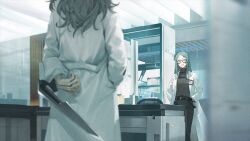 Rule 34 | 2girls, :d, arm behind back, arm blade, artist request, belt, black-framed eyewear, black belt, blue hair, blurry, breasts, chair, chest belt, coat, depth of field, desk, game cg, girls&#039; frontline, glass, glasses, green eyes, grey hair, grey pants, grey sweater, hair ornament, hairclip, hand in pocket, hands in pockets, hidden weapon, id card, indoors, lab coat, lady gray (girls&#039; frontline), light blue hair, lightning bolt symbol, long hair, long sleeves, looking at another, medium breasts, multiple girls, nele (girls&#039; frontline), office, official art, open clothes, open coat, open mouth, pants, paradeus, semi-rimless eyewear, smile, spoilers, standing, sweater, turtleneck, turtleneck sweater, watch, weapon, white coat, wristwatch