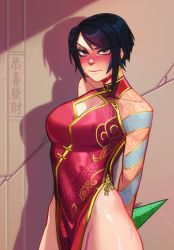 Rule 34 | 1girl, absurdres, against wall, akali, arm tattoo, arms behind back, artist name, black hair, blush, breasts, china dress, chinese clothes, cleavage cutout, clothing cutout, commentary, cowboy shot, dress, english commentary, highleg, highleg dress, highres, league of legends, looking at viewer, medium breasts, no panties, qtori, red eyes, scar, scar on leg, shadow, short hair, sleeveless, solo, sweat, tattoo, watermark