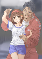 Rule 34 | 1boy, 1girl, bad id, bad pixiv id, black hair, blush, breasts, brown eyes, brown hair, carrot hair ornament, collarbone, cowboy shot, dark-skinned male, dark skin, food-themed hair ornament, gym shorts, gym uniform, hair ornament, hairband, holding own arm, jacket, licking lips, looking at another, medium breasts, old, old man, open clothes, open jacket, original, pants, parted lips, shirt, short sleeves, shorts, tongue, tongue out, track pants, track suit, white shirt, yoropa