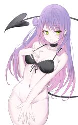 Rule 34 | 1girl, absurdres, black bra, bra, breasts, cleavage, covering crotch, covering privates, demon tail, dreamoon, gradient hair, green eyes, hair bun, highres, hololive, long hair, looking at viewer, medium breasts, multicolored hair, navel, pink hair, purple hair, simple background, single hair bun, solo, stomach, tail, tokoyami towa, underwear, underwear only, virtual youtuber, white background